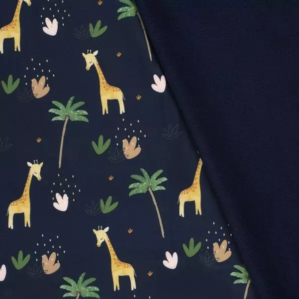 Girafe et palmier sur fond bleu marine